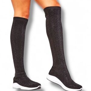 Black Rhinestone Knee-High Sock Sneakers